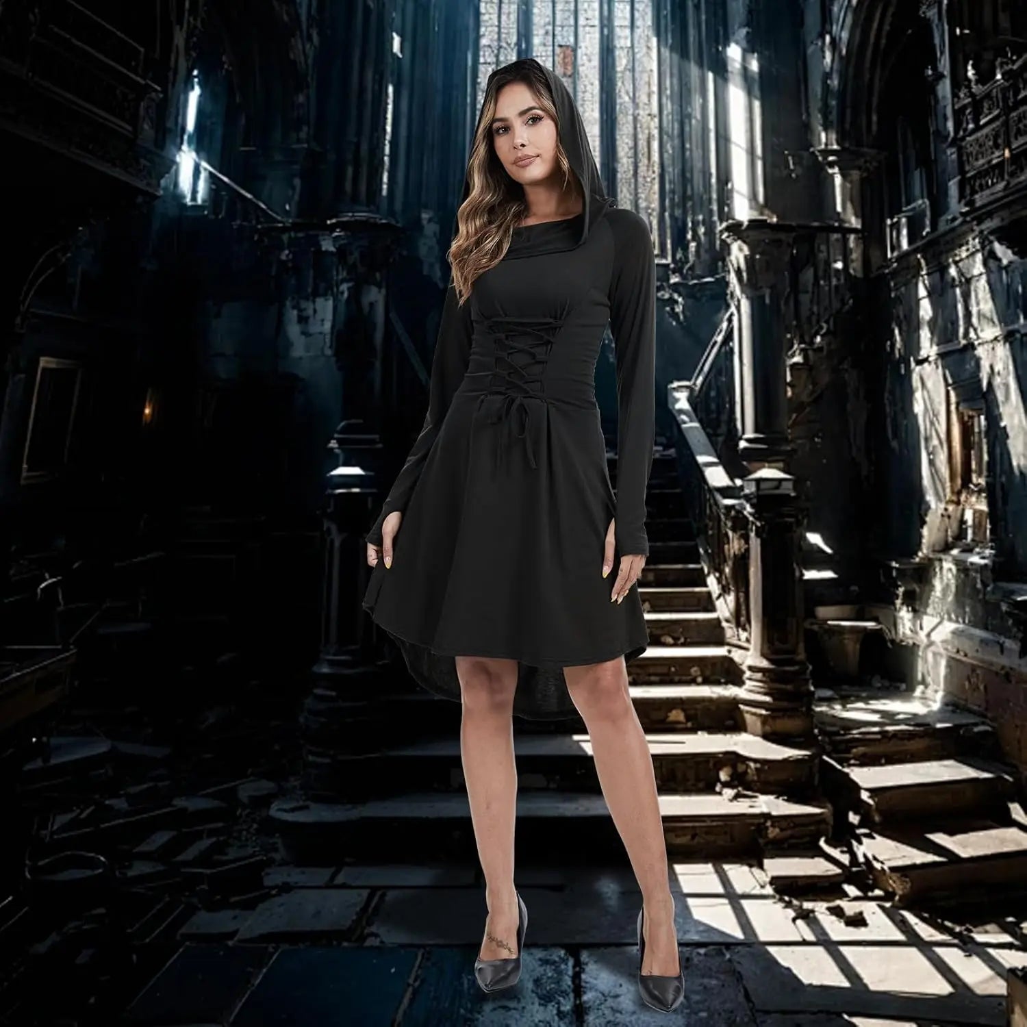 Womens Renaissance Costumes Hooded Robe Lace Up Halloween Medieval High Low Long Hoodie Dress Cloak - product image 5