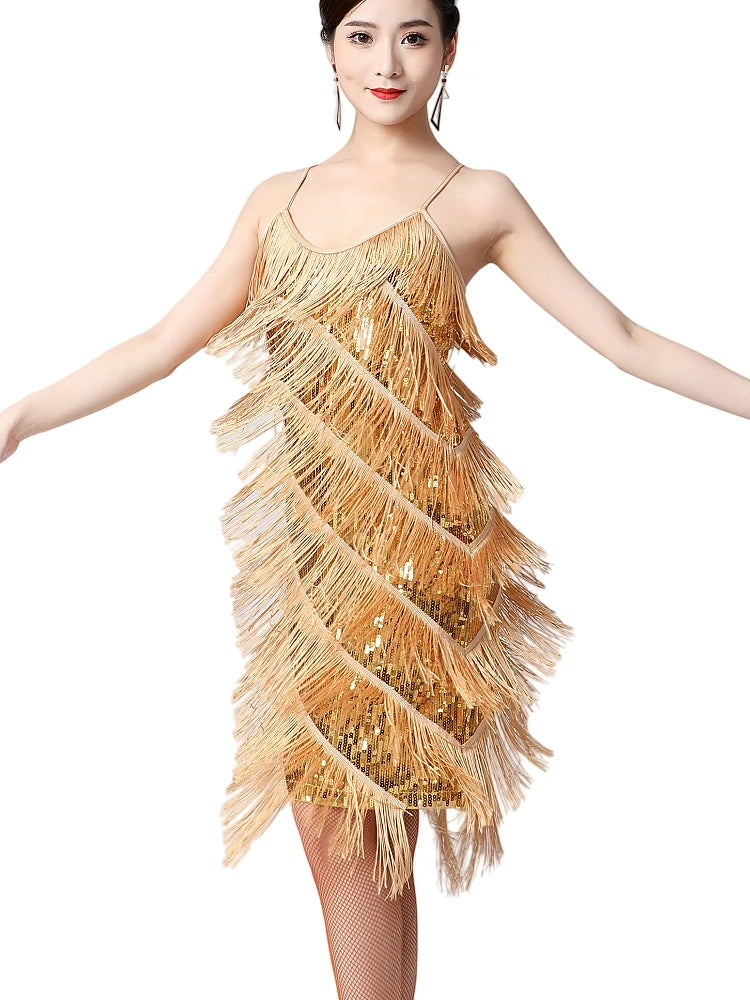 Women 1920s Vintage Great Gatsby Sequin Dress Sexy V-Neck Summer Cami Dress Gold