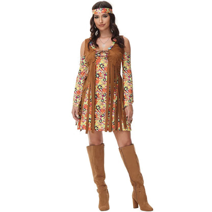 70s Disco Costume Women Retro Hippie Dress Female Disco Dress Disco Headwear Two-piece Brown Print Fashion - product image 2