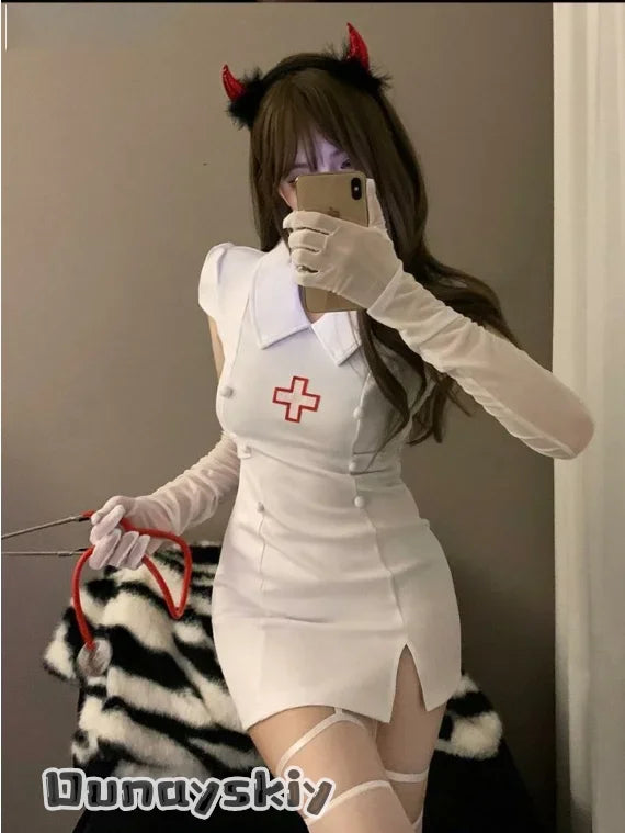 Dark Devil Costume Sexy Devil Nurse Uniform Set Black White Women's Dresses For