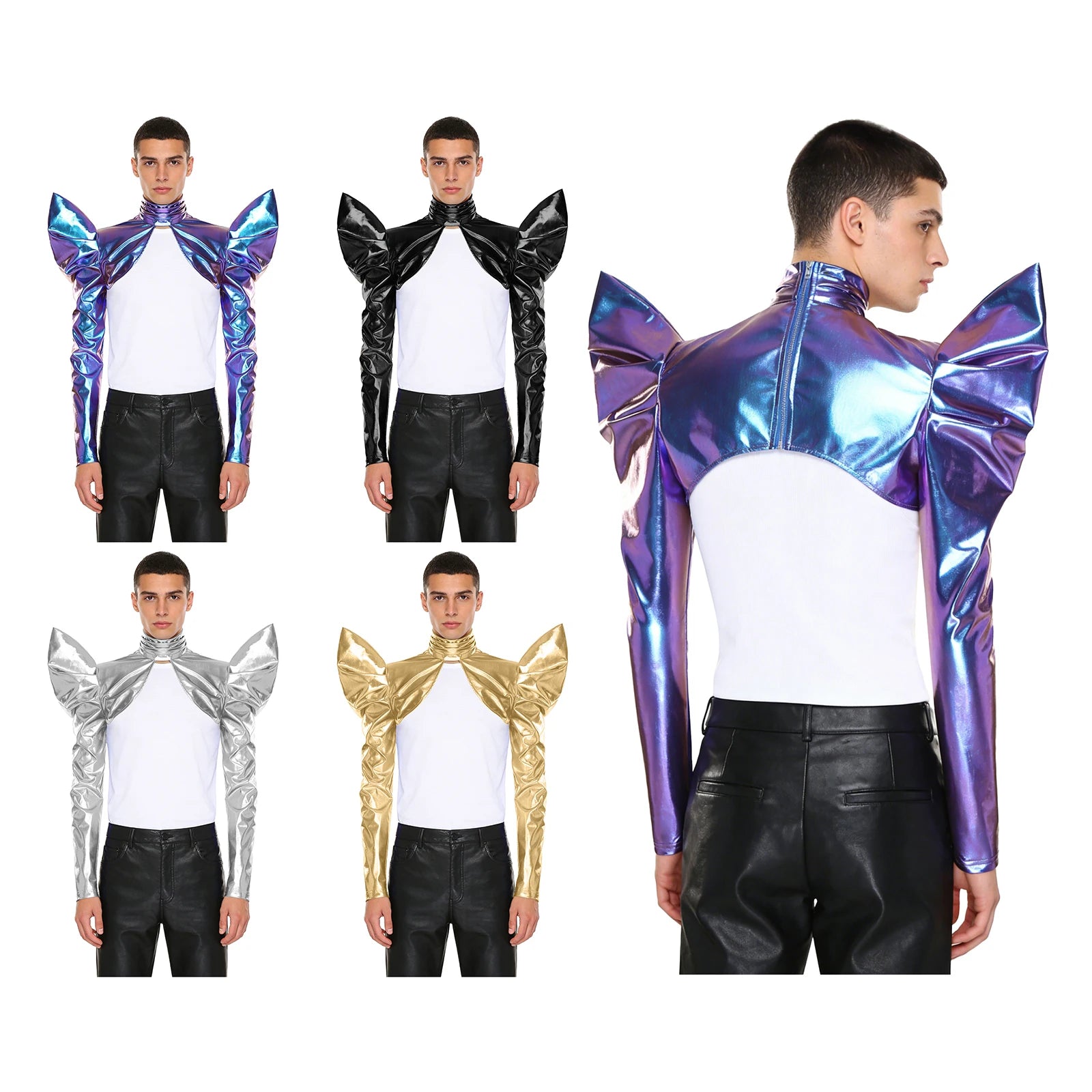 Men's Disco Bolero Iridescent Metallic Shoulder Armor Long Sleeve Costume - alternate view 4