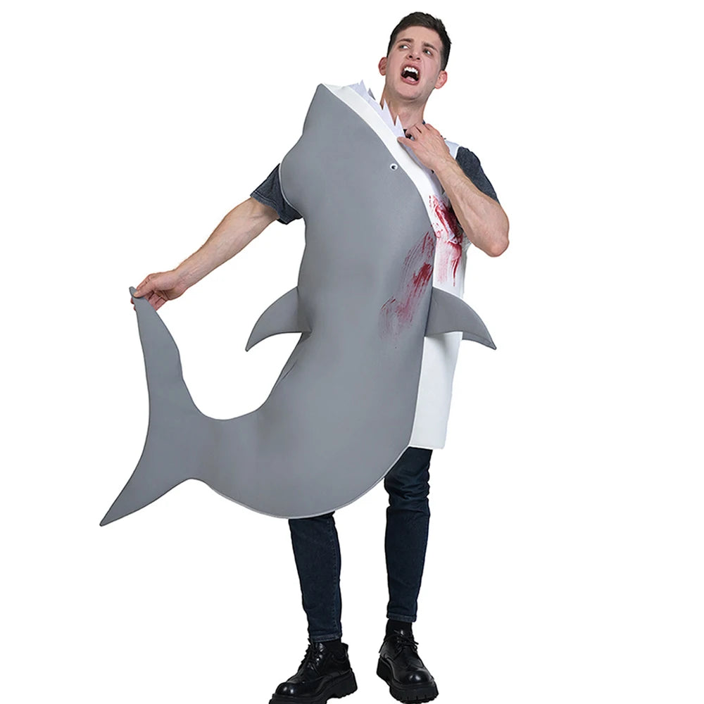 Shark Costume Jumpsuit Adult Underwater World 3D Foam Marine Creature Realistic Shark Swallowing Pullover Halloween Party Suit
