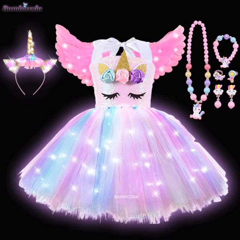 Girls Shiny Unicorn Tutu Led Lighting Dress Glowing Dresses Princess Dress Clothing