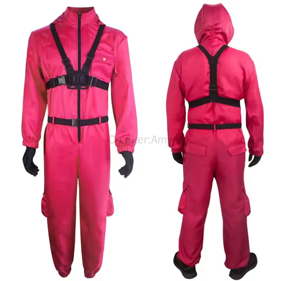 Halloween Costume Outfit TV Game Adult Kids Pink Red Jumpsuit Costume Set with Gloves - black / Adult M
