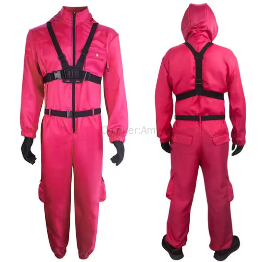Halloween Costume Outfit TV Game Adult Kids Pink Red Jumpsuit Costume Set with Gloves - black / Adult M
