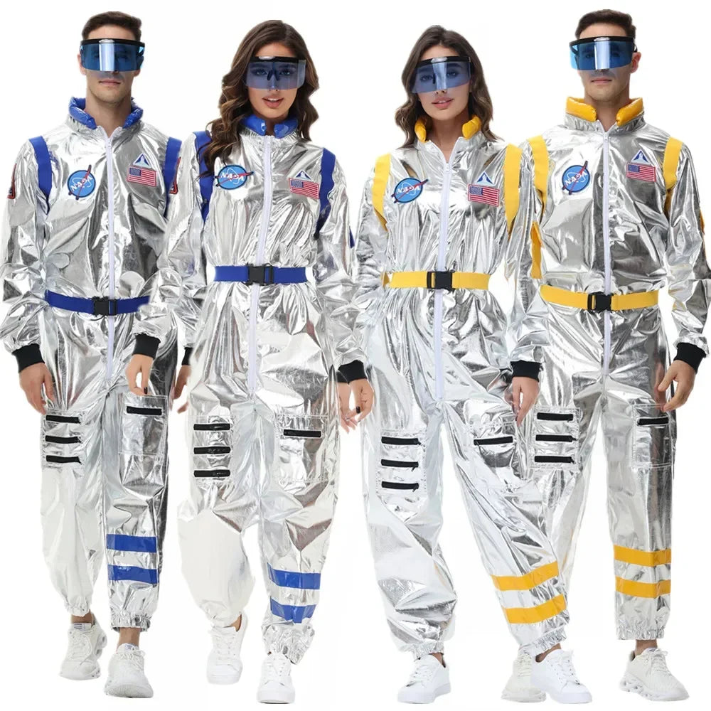 Adults Silver Astronaut Costume Space Suit Men Women Couple Jumpsuit Costume