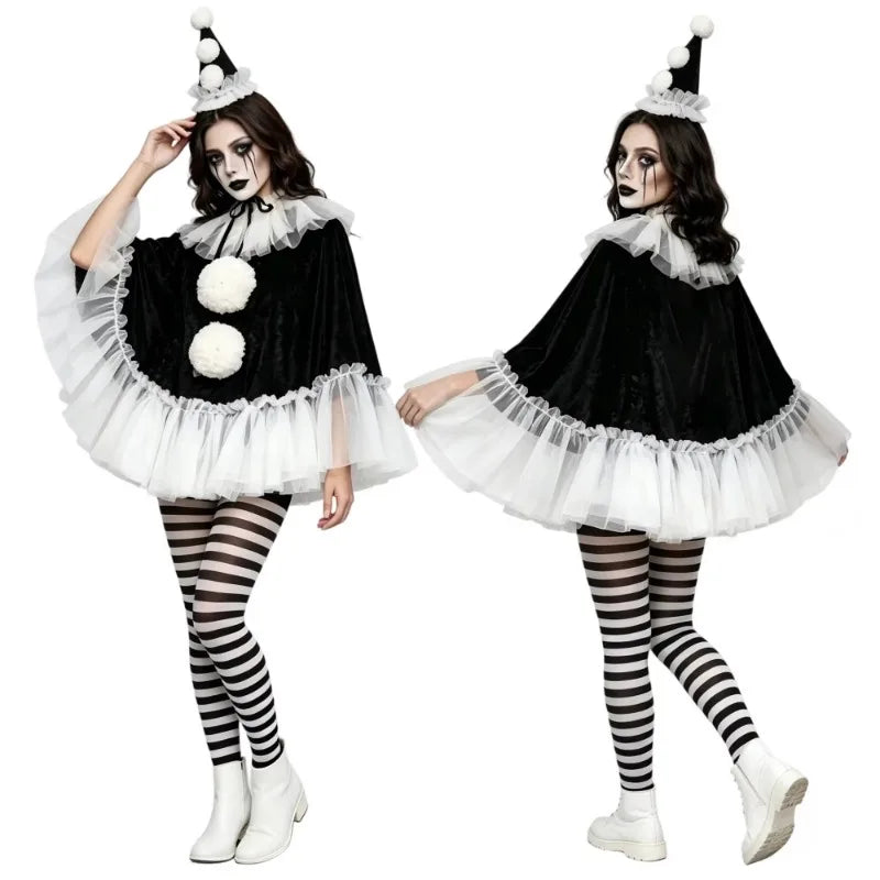 Women's Black & White Pierrot Clown Costume – Lace Cape Poncho