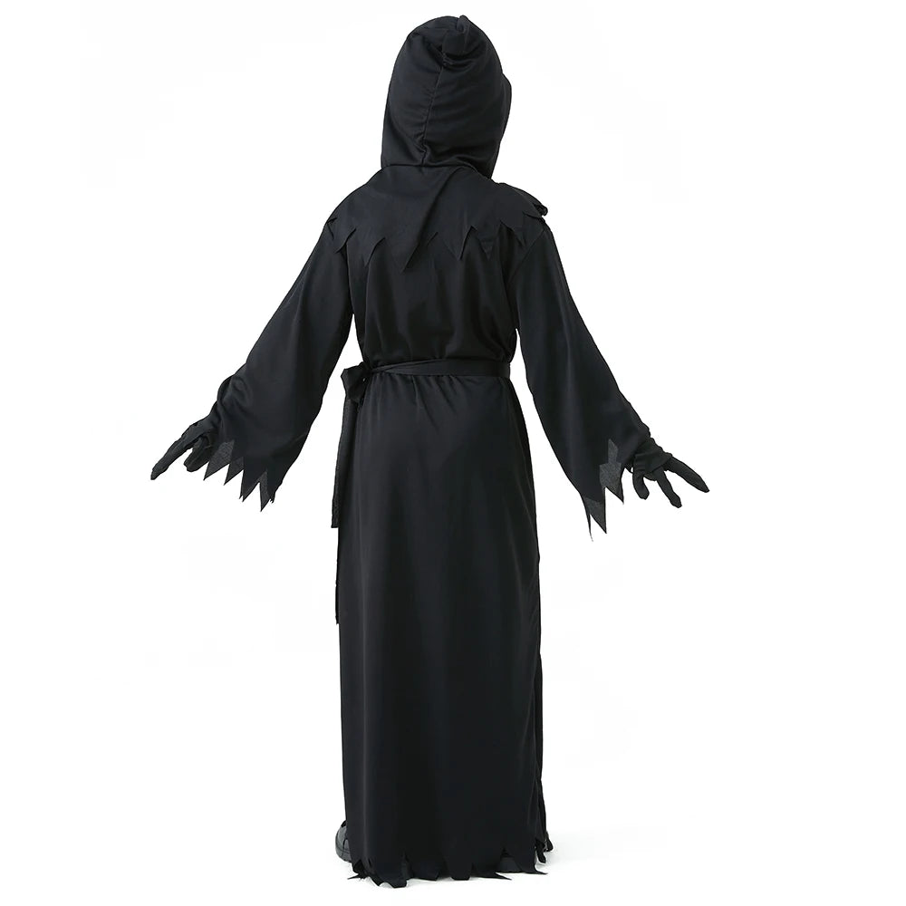 Halloween Grim Reaper Horror Costume Black Hooded Spooky Ghost Robe Dress Up Costume Adult - black / XL