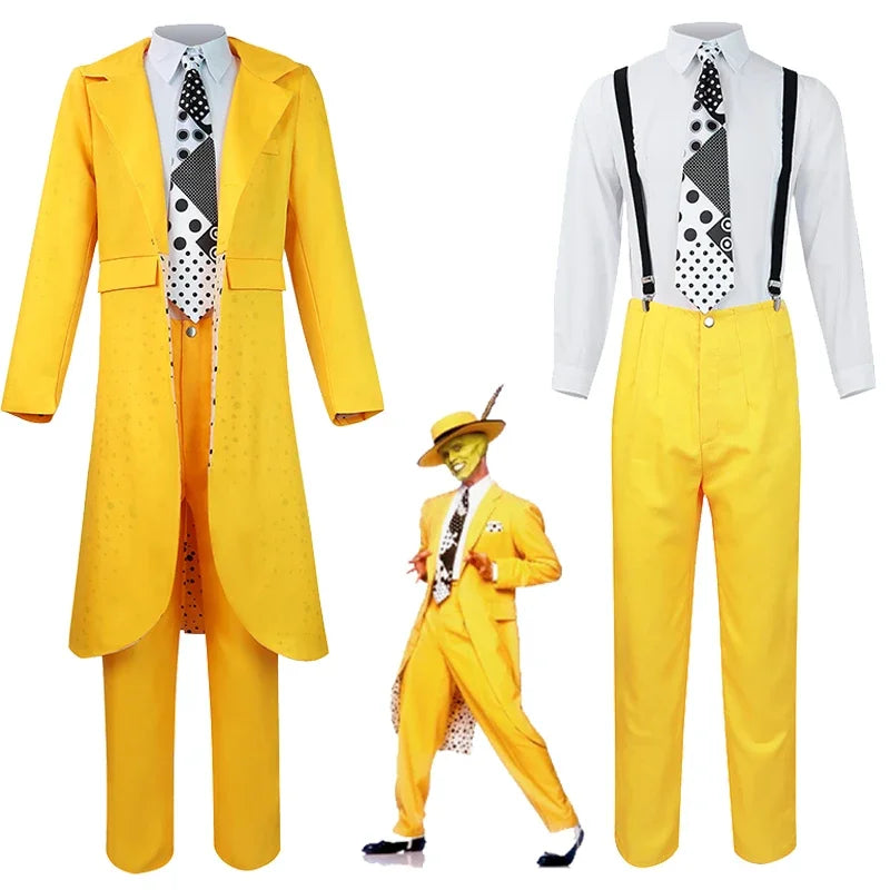 Carrey Costume Uniform Anime Costumes Yellow Trench Hat Suit Halloween Jim Clown Outfits - only mask / XXL