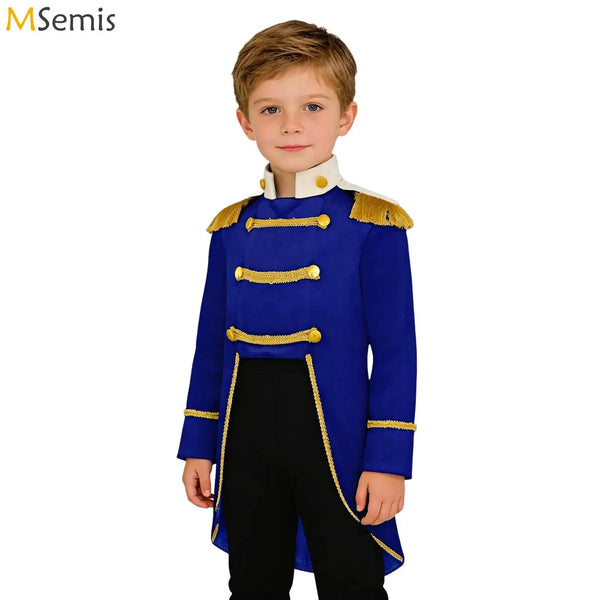Baby Boys Prince Costume Sleeve Gold Fringe Braiding Velvet Tailcoat Royal Court Style - Royal Blue / 6