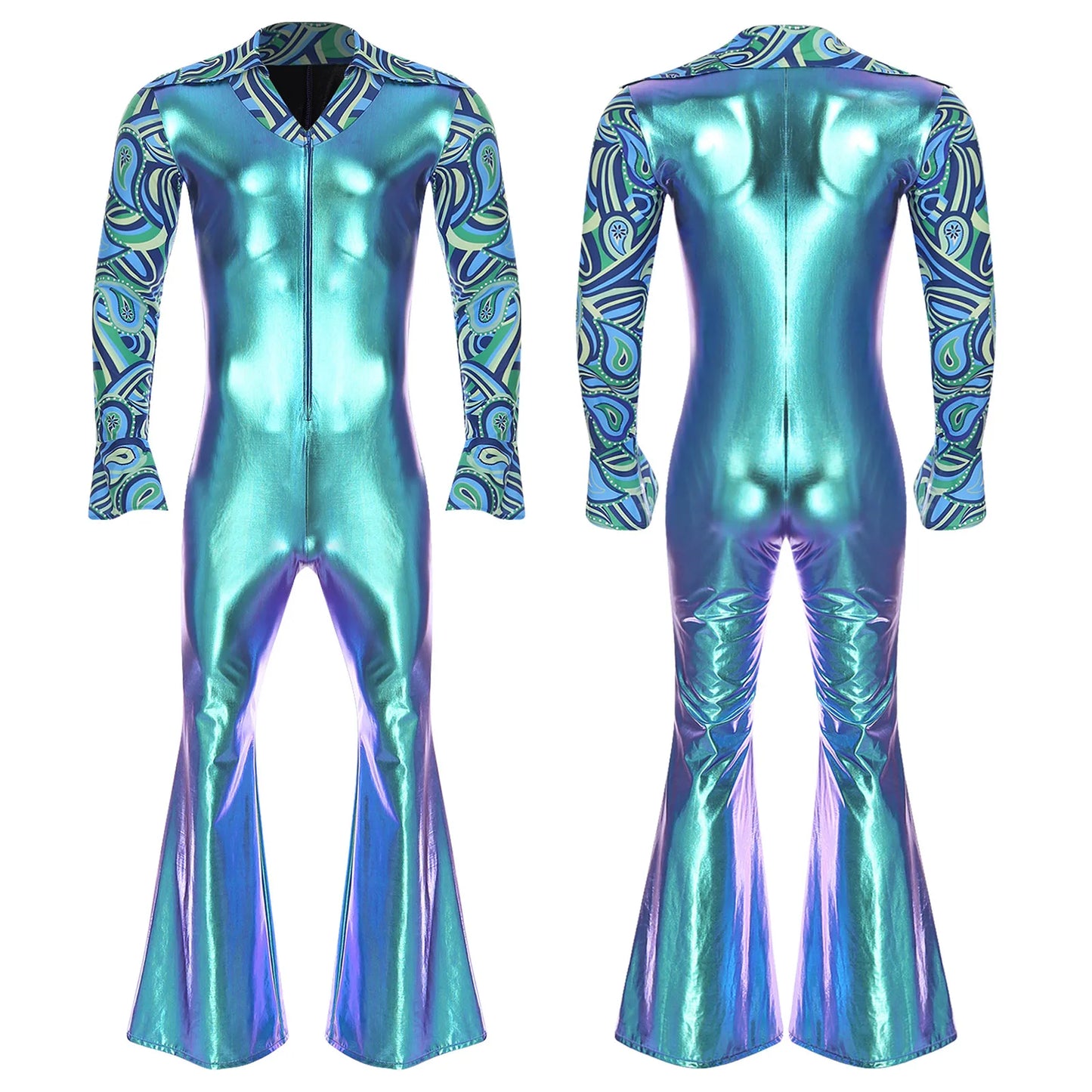 Men Hippie Costume Retro Disco Jazz Dance Jumpsuit Lapel V Neck Flare Sleeve Bell Bottom - Blue / XL