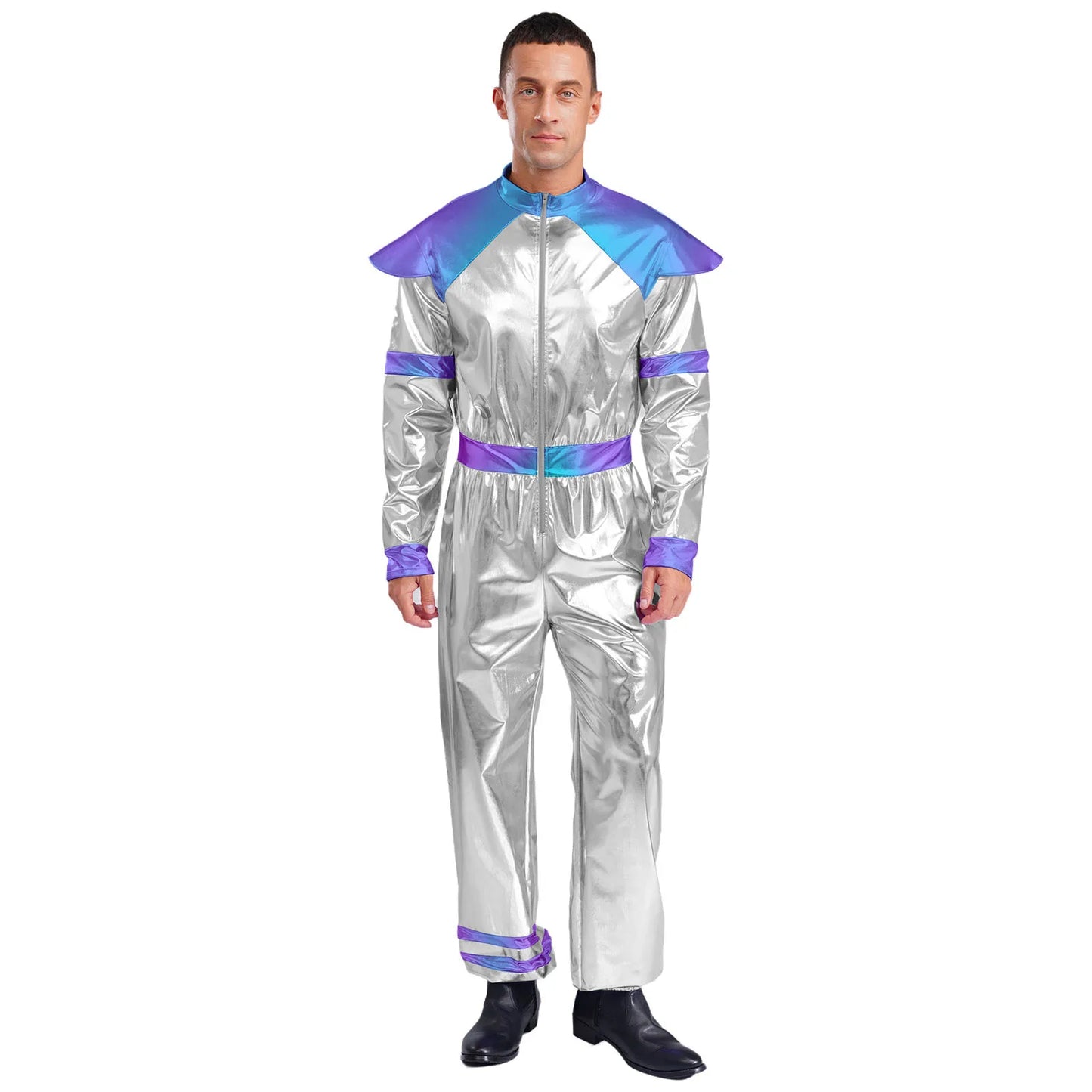 Men's Outer Space Alien Costume Halloween Robot Costume Jumpsuit Sleeves Deluxe Shiny - Silver / XXL