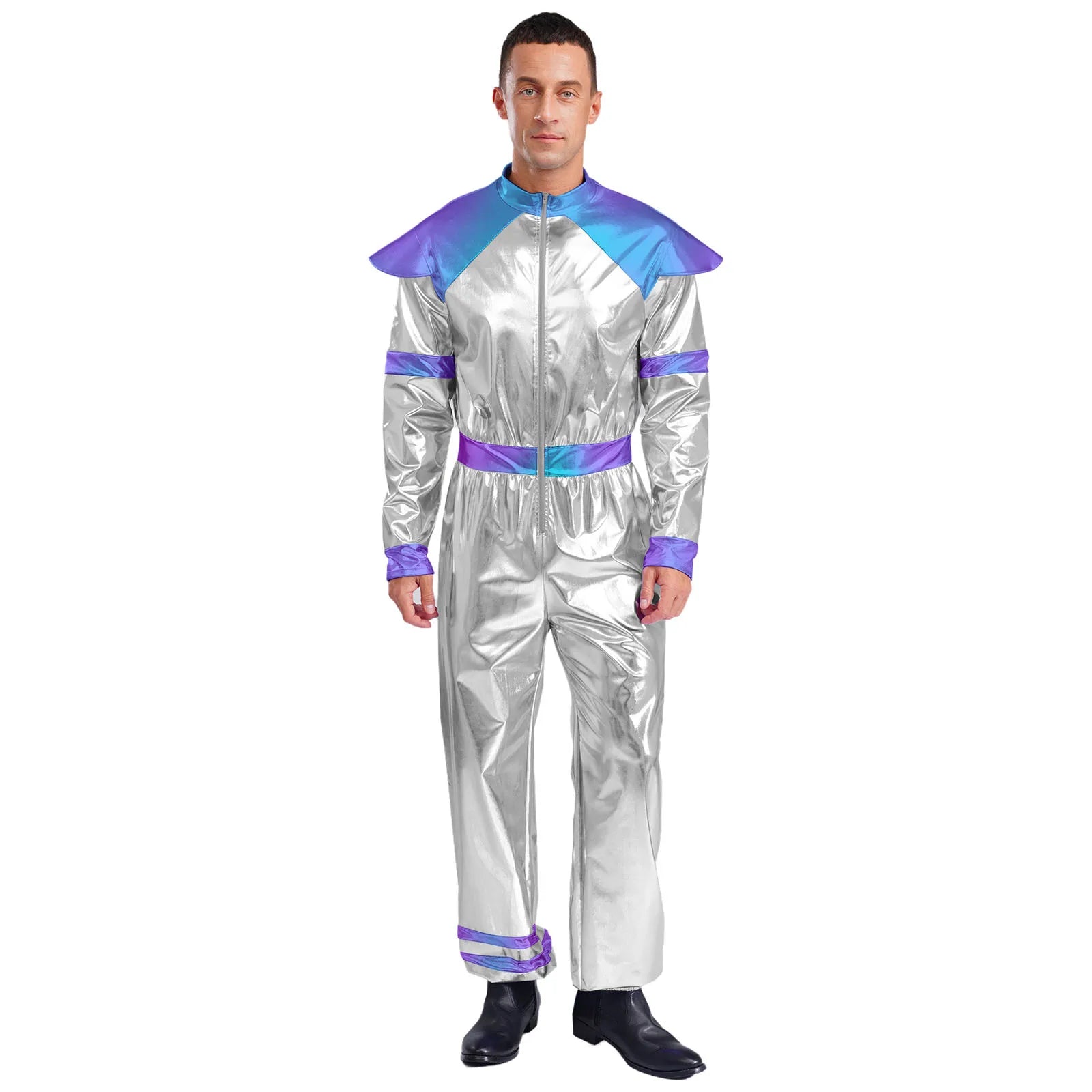 Men's Outer Space Alien Costume Halloween Robot Costume Jumpsuit Sleeves Deluxe Shiny - Silver / XXL