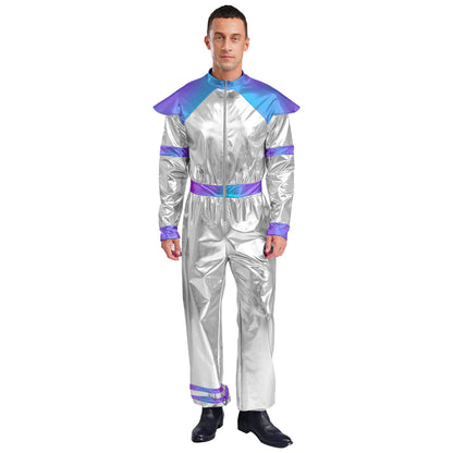 Men's Outer Space Alien Costume Halloween Robot Costume Jumpsuit Sleeves Deluxe Shiny - Silver / XXL