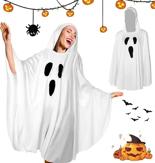 Adult White Ghost Costume – Unisex Hooded Halloween Poncho
