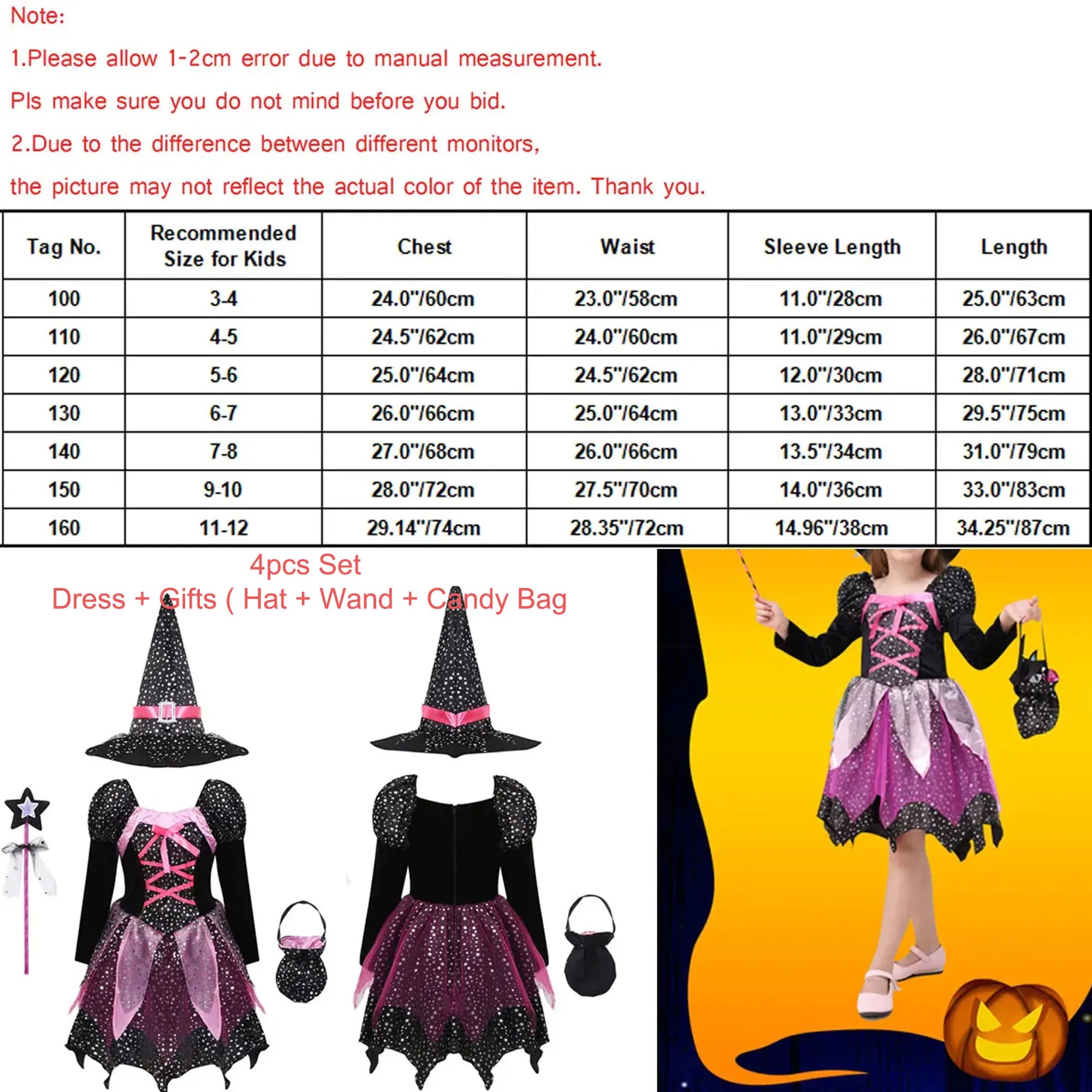 4pcs Halloween costume Witch Dress+Hat+Wand+Bag Girls Wizard Costume Set Witch Princess Carnival Masquerade - product image 4