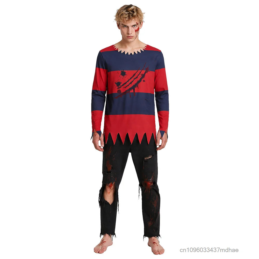 Men Horror Costume Striped Jagged Blood Sleeve Shirt Scary Halloween Outfit Adult Terror - Only Top / 180