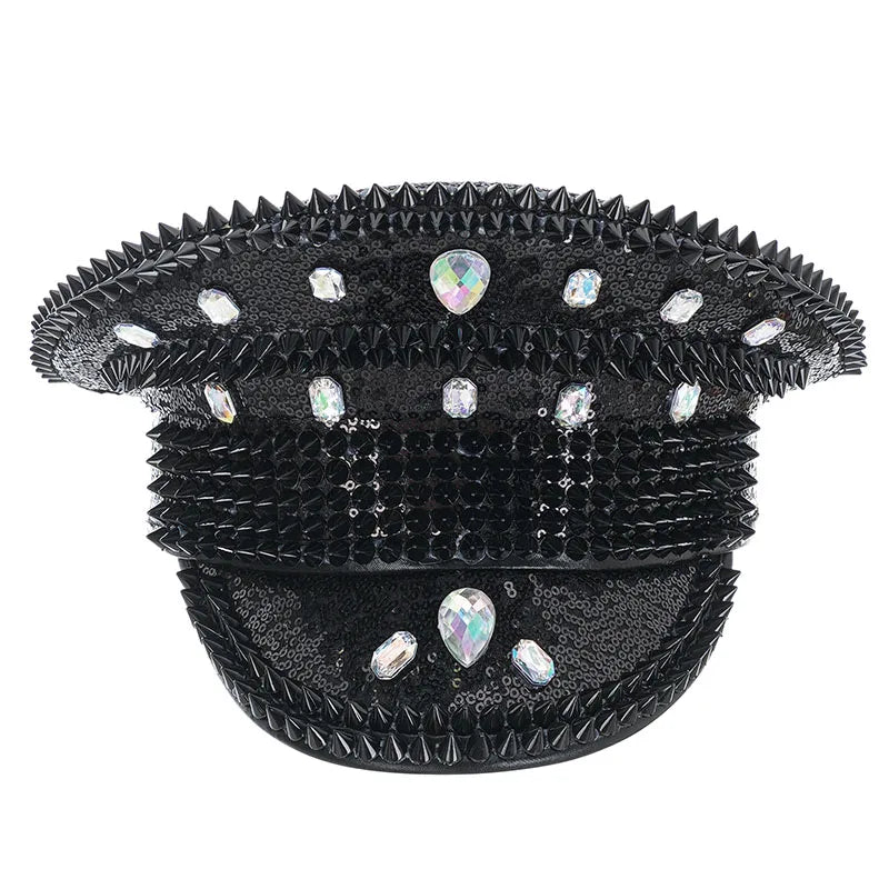 Halloween Costume Steampunk Hat with Goggles Vintage Men Black Sequined & Rivets Gothic - Silver / China Mainland