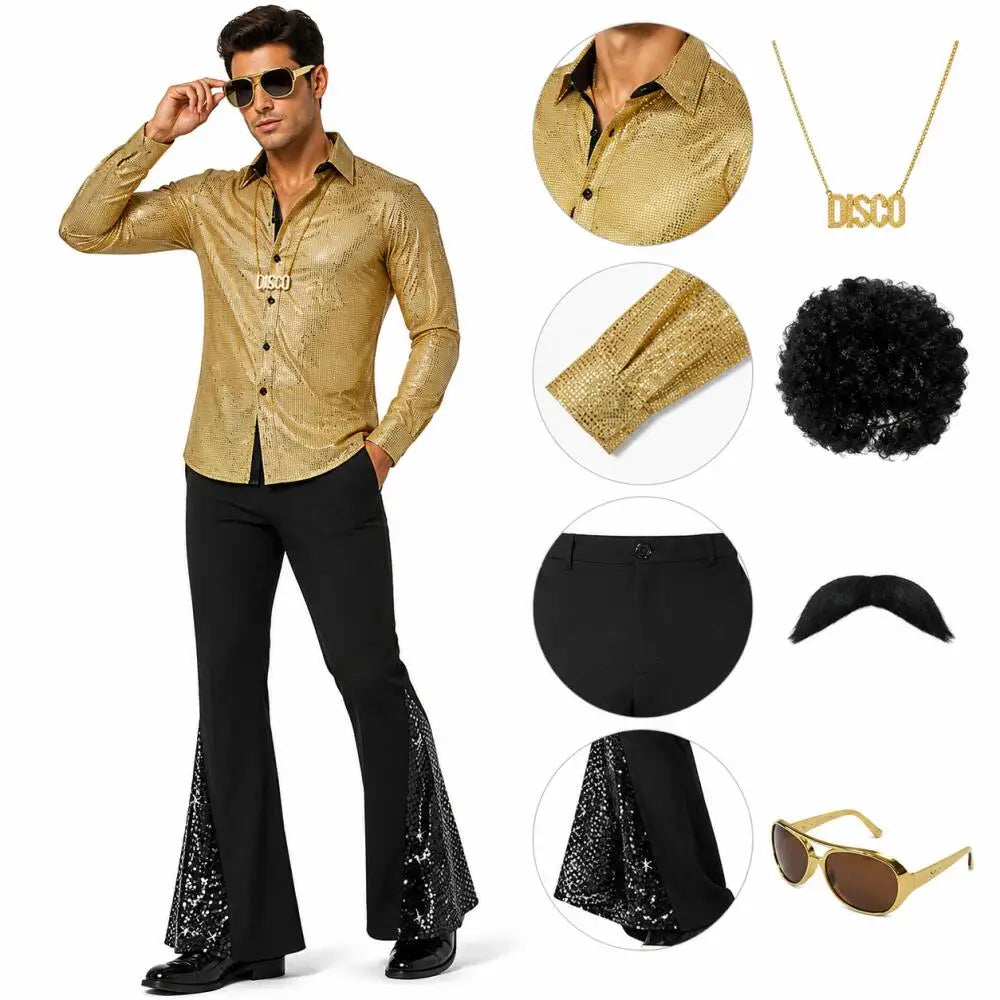 Men's Disco 70s Shiny Shirt Flared Pants Wig Sunglasses Halloween Costume - Suit / XL