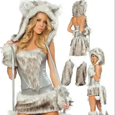 Adult female sexy and cute green caterpillar frog Halloween party fox costume animal role-playing costume and big tail costume