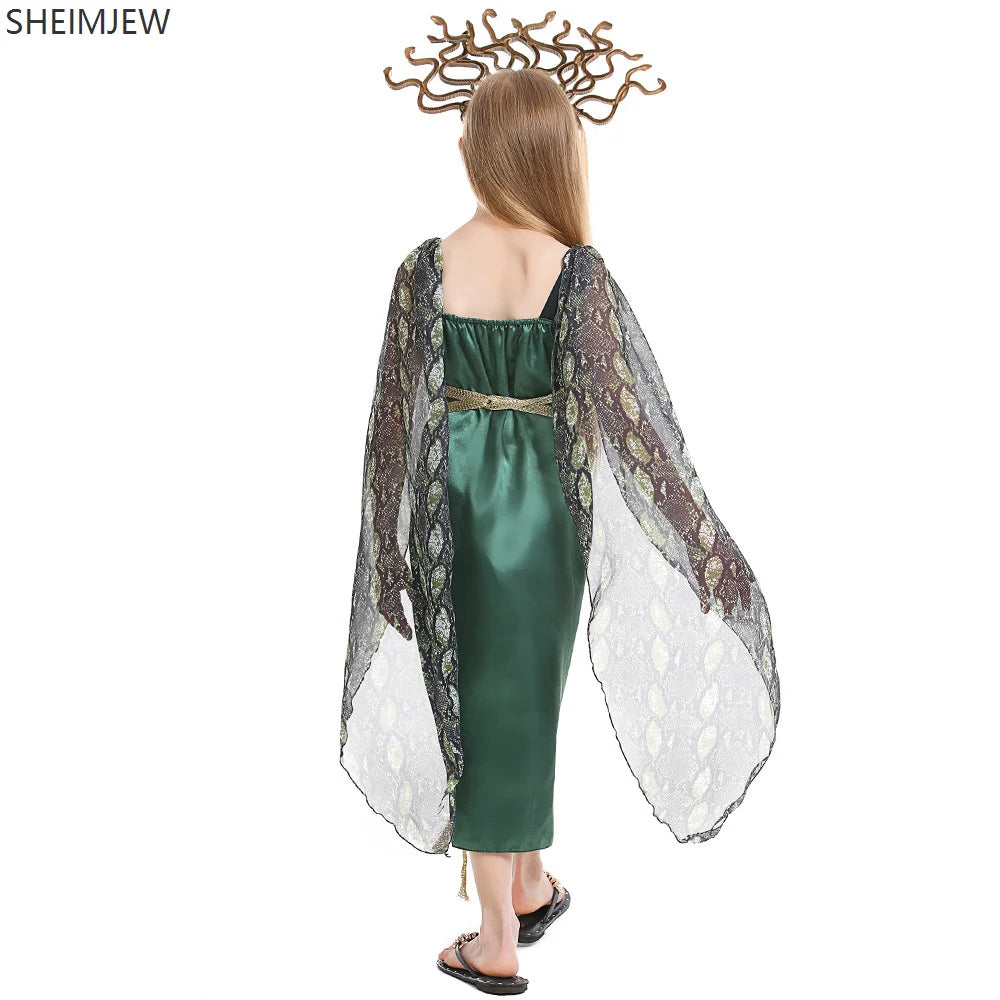 Kids Halloween Costume Girl Ancient Greek Mythology Goddess Robe Female Demon Snake Dress - Dress Gold Headwear / S(110-125)