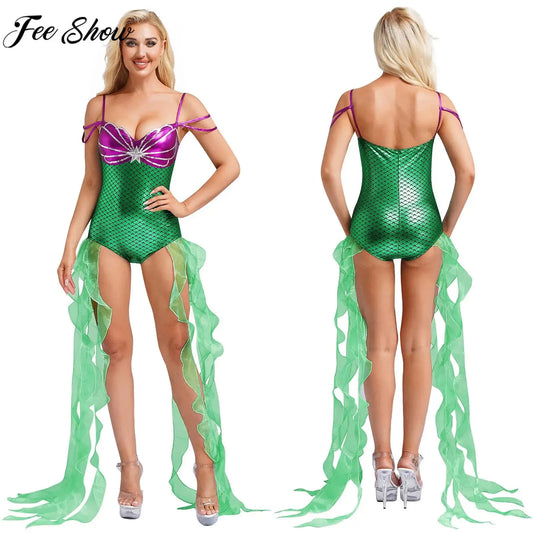 Women Halloween Theme Mermaid Princess Costume Sequin Metallic Shiny Fish Scales Print - Mint Green / M