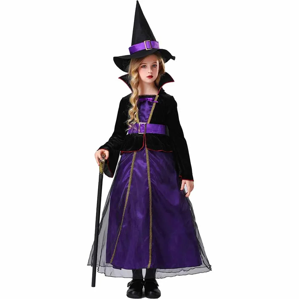 Halloween Witch Girls Purple Gauze Dress & Cloak ; Pointed Cap Belt Costume children Carnival Witch Costume - product image 1