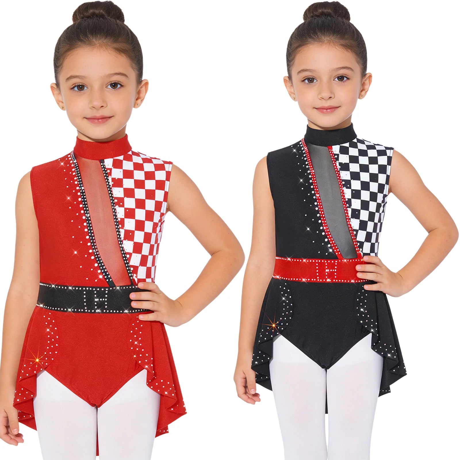 Girls Halloween Circus Clown Performance Costume Rhinestones Ballet Dance Gymnastics - Red / 10