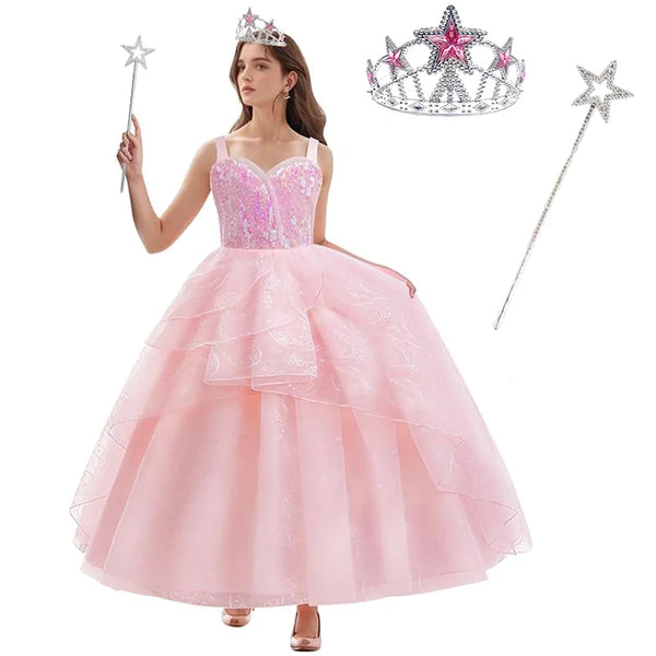 Women's Good Witch Cosplay Costume Adults Pink Tulle Princess Dress+Wand+Crown Glinda Disguise Woman - product image 1
