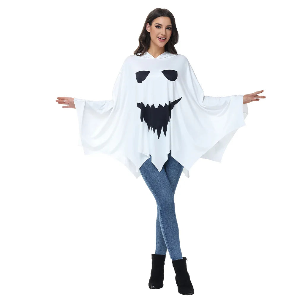 VIP FASHION Halloween Ghost Cloak Scary Cosplay Costume Horror Face Printed White Hood Cape Day of the Dead - product image 6