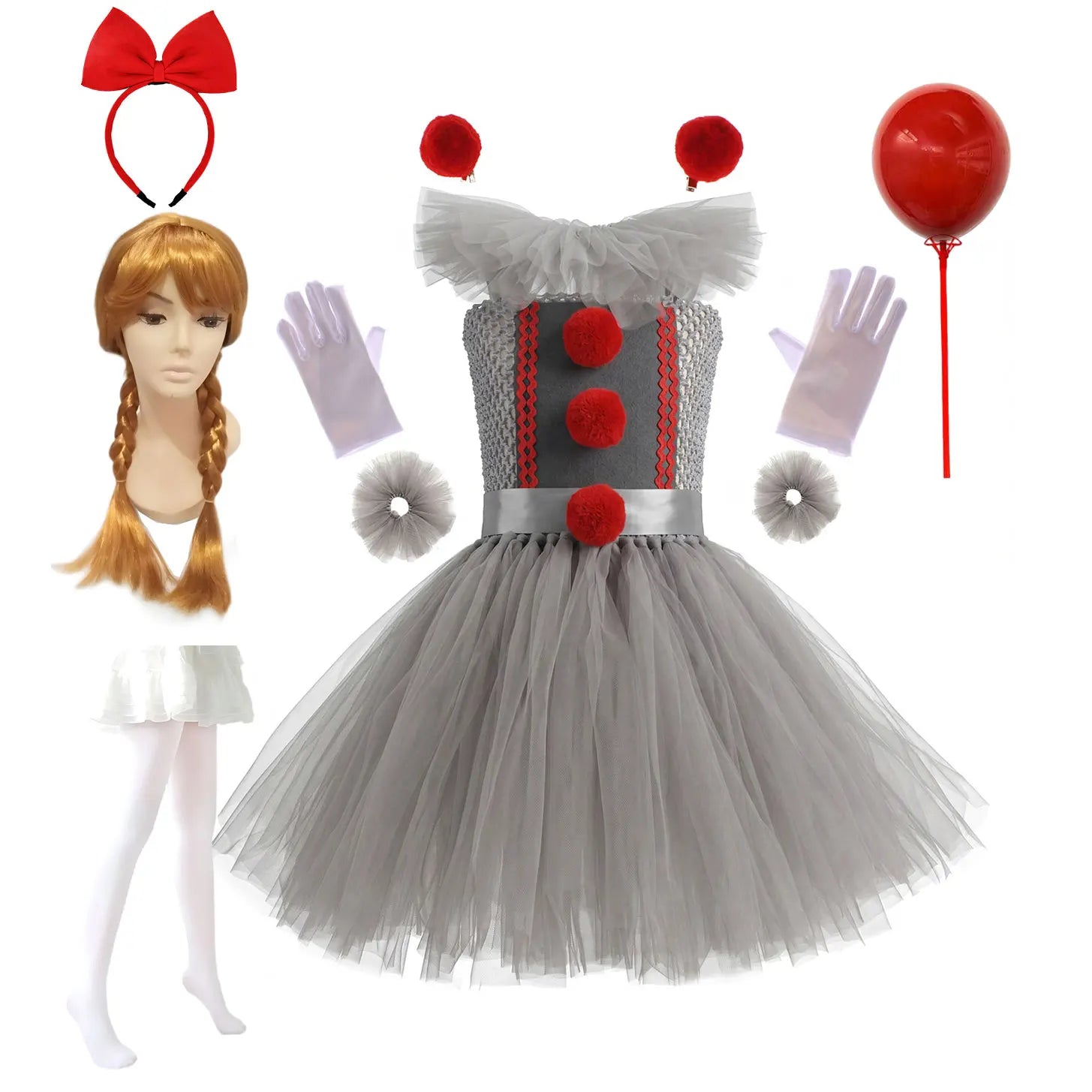 Weird Joker Grey Tutu Dress+Gloves+Hairpin+Bracelet Girls Costume Weirdo Creature Clown - Clown 01 / 6-7T(L)