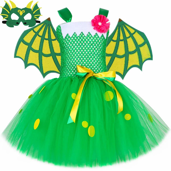 Green Dragon Dinosaur Costume Kids Fancy Tutu Dress with Wings Toddler Girls Halloween Animal Dress Up Clothes - product image 1