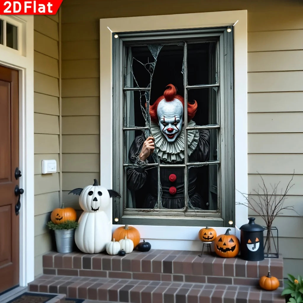 2D flat, 1 Halloween clown through a broken window banner - polyester haunted - product image 1