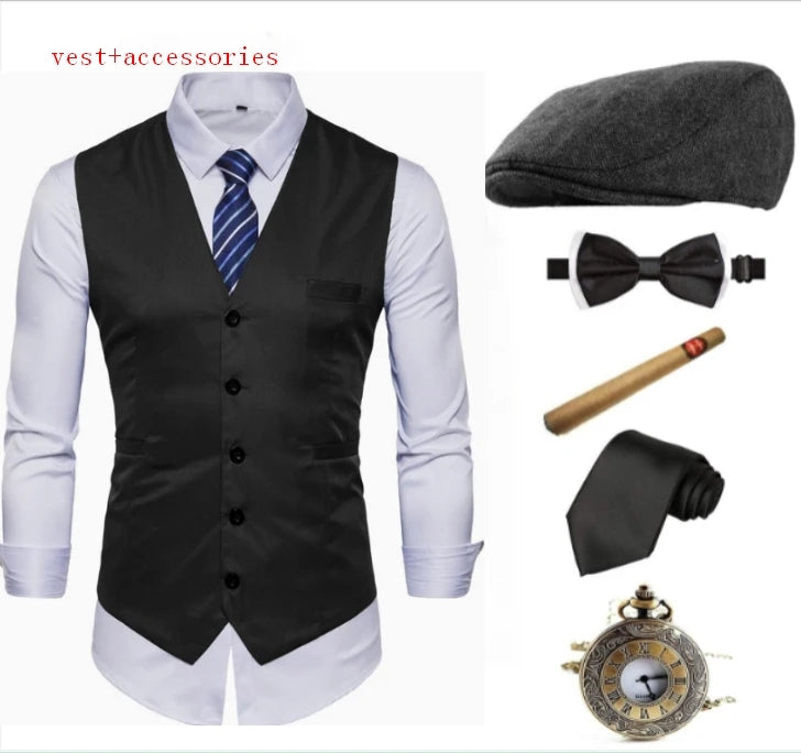 1920s Mens Costume ,Gatsby Gangster Vest,Vintage Pocket Watch,Pre Tied Bow Tie