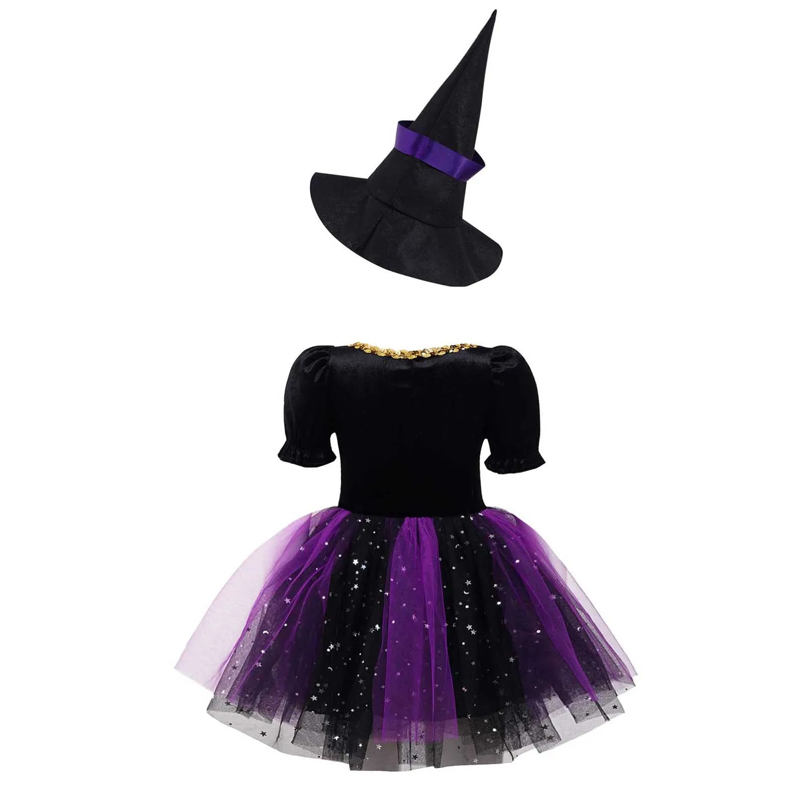 Kids Girls Witch Costume Halloween Cosplay Dress Glittery Mesh Tutu Dress with Pointed Hat for Dress Up - product image 3