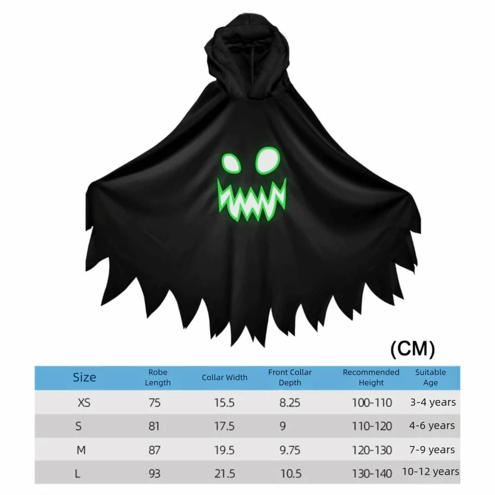 White Black Halloween Costume Ghost Face Design Cape Shawl Luminous Cloak Glow in the Dark - Black XS / XS（old）