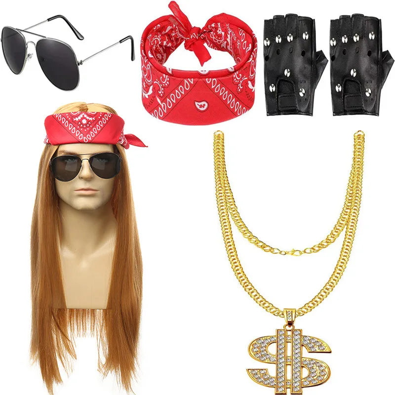 Hot 70s 80s Rocker Costume Heavy Metal Wig Men Women Hippie Wig With Bandana Sunglasses Punk Gloves Tattoo - product image 7