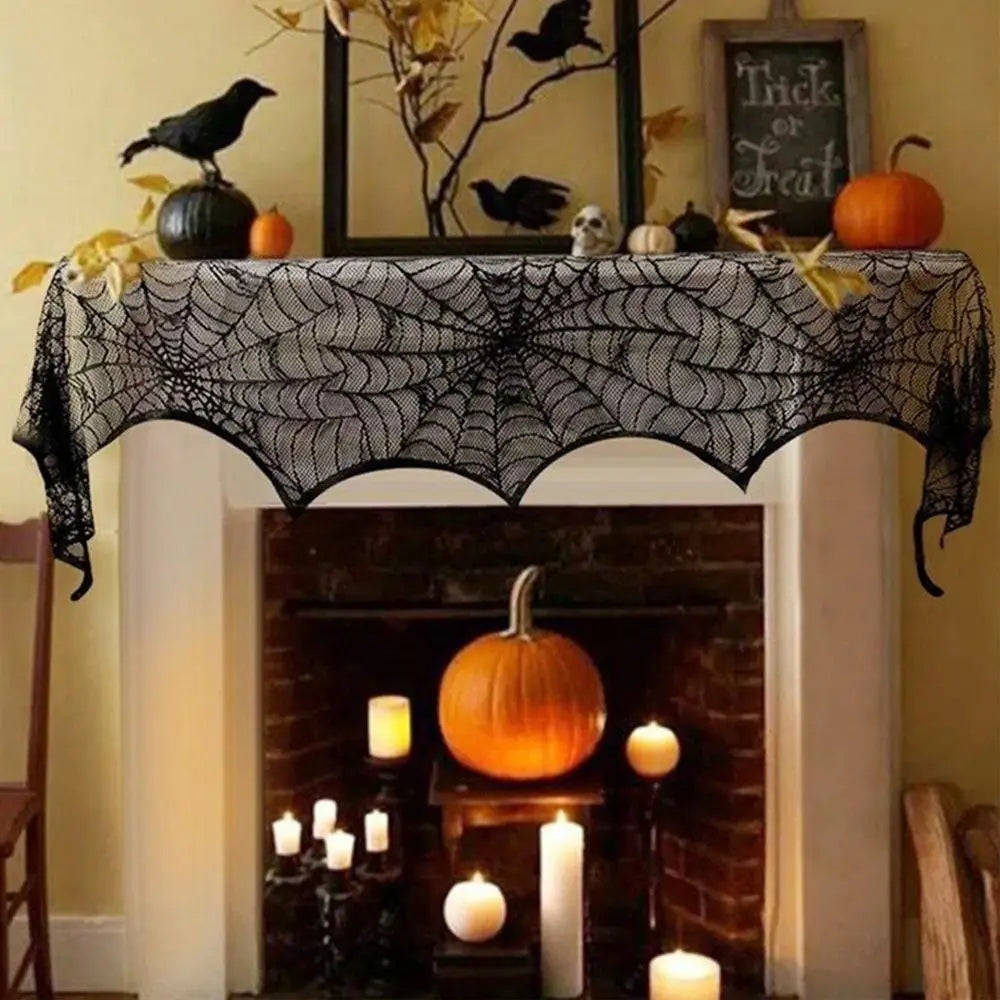 Halloween Bat Table Runner Lace Web Skeleton Skull Tablecloth Black Fireplace - product image 3