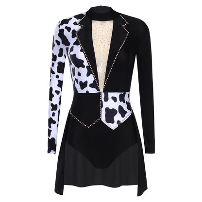 Women's Halloween Devil Witch Evil Clown Dalmatian Cosplay Costume Shiny Mesh Spotty Contrast Leotard Dress - product image 4