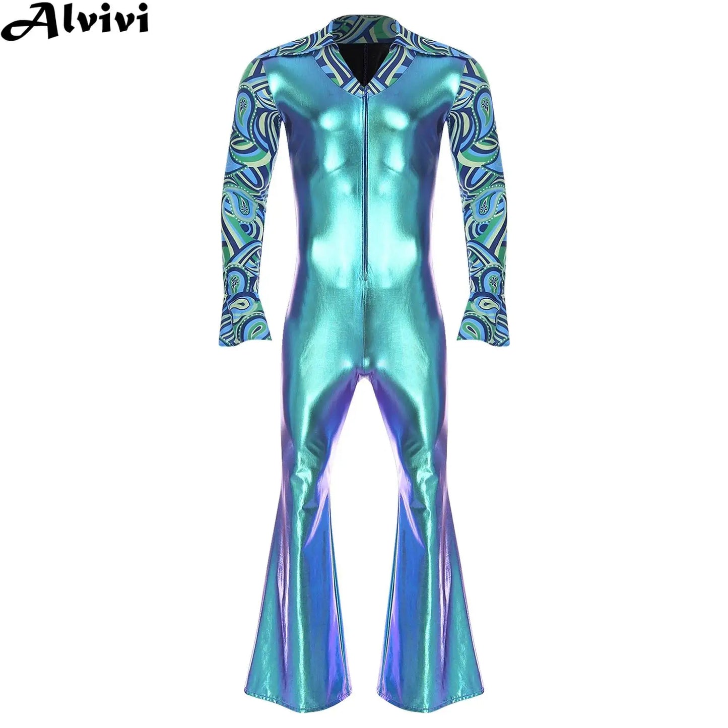 Men Hippie Costume Retro Disco Jazz Dance Jumpsuit Lapel V Neck Flare Sleeve Bell Bottom - Blue / M