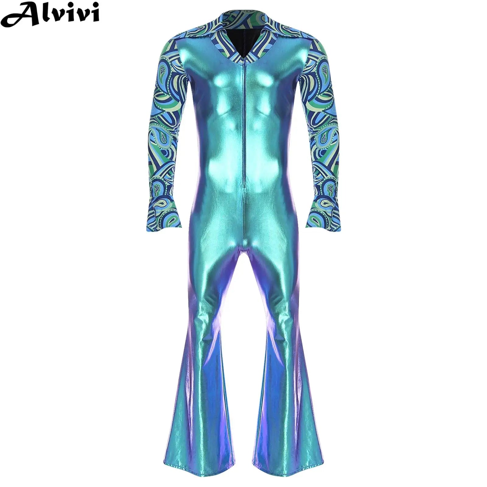 Men Hippie Costume Retro Disco Jazz Dance Jumpsuit Lapel V Neck Flare Sleeve Bell Bottom - Blue / M