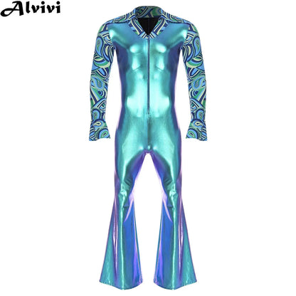 Men Hippie Costume Retro Disco Jazz Dance Jumpsuit Lapel V Neck Flare Sleeve Bell Bottom - Blue / M