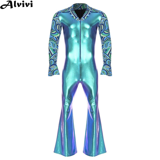 Men Hippie Costume Retro Disco Jazz Dance Jumpsuit Lapel V Neck Flare Sleeve Bell Bottom - Blue / M