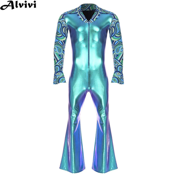 Men Hippie Costume Retro Disco Jazz Dance Jumpsuit Lapel V Neck Flare Sleeve Bell Bottom - Blue / M