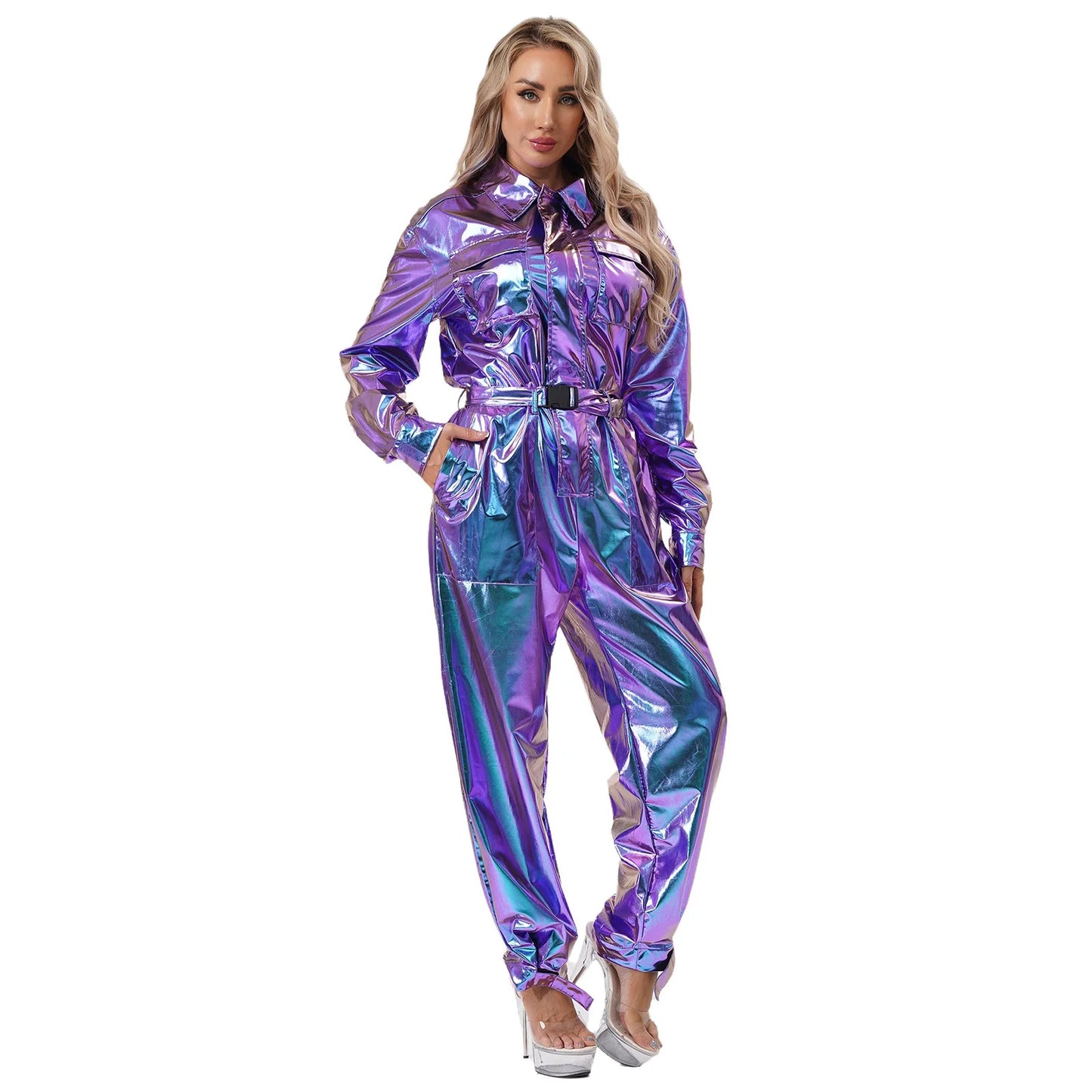 Women's Halloween Disco Astronaut Costume Holographic Shiny Metallic Overalls Bodysuit - Gold / M
