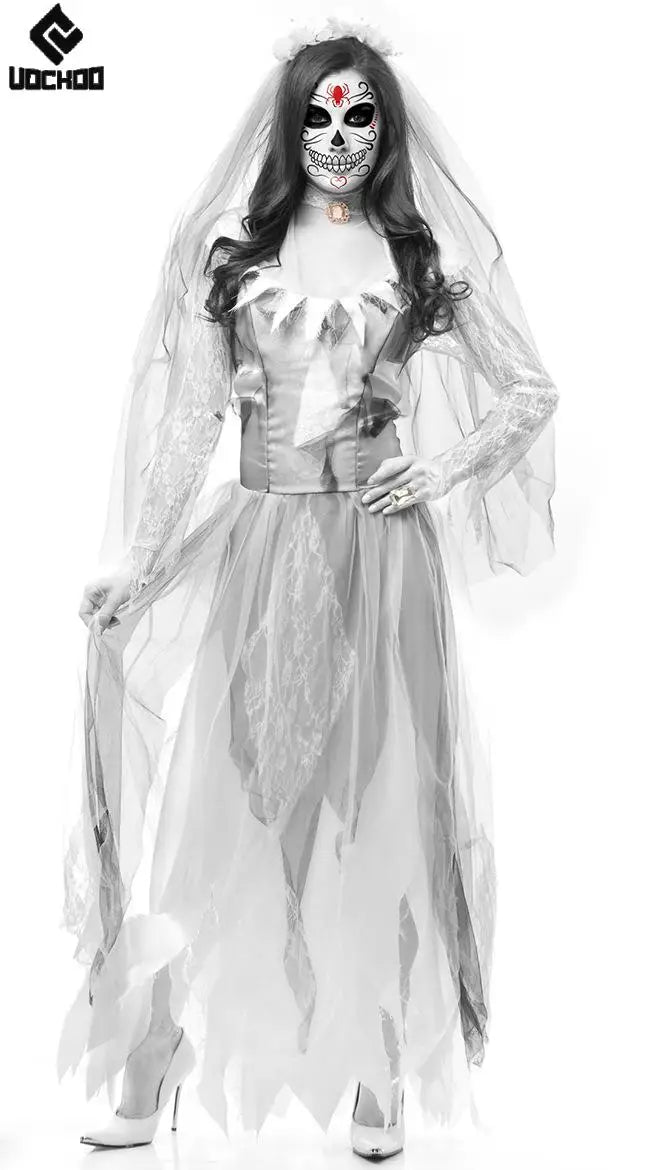 Halloween Ghost Bride Cosplay Costume Horrible Skeleton Dress Gothic Gown - product image 2