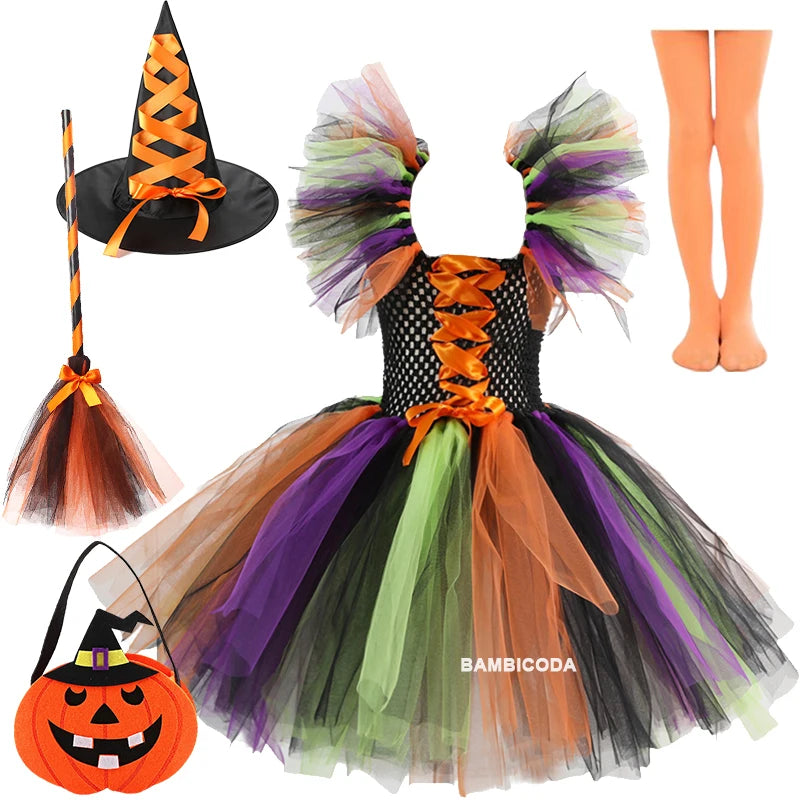 Kids' Witch for Girls Tutu Knee Dress Broom Pantyhose Outfit Girls dresses Hat - alternate view 15
