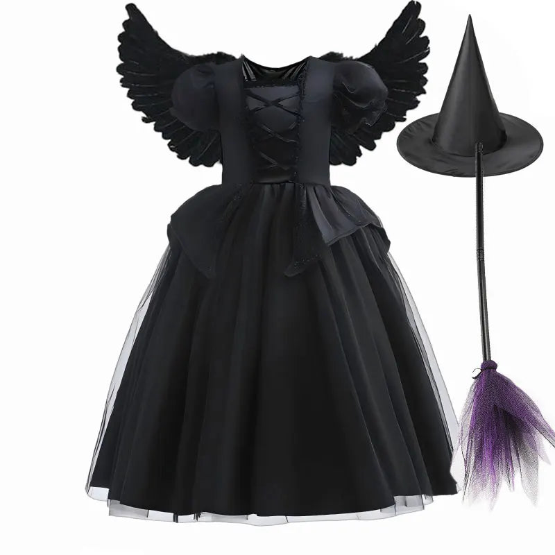 Girls Black Witch Halloween Costume Dress with Hat