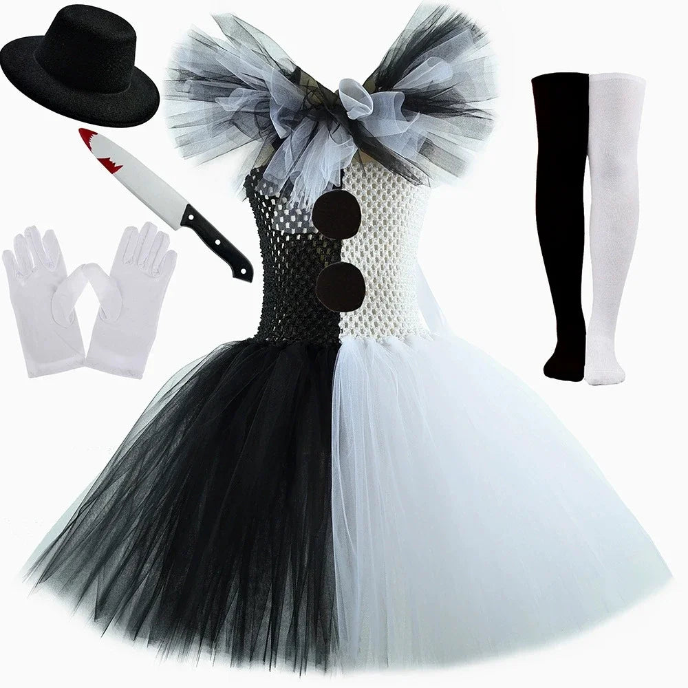 Girls Black & White Jester Tutu Halloween Costume