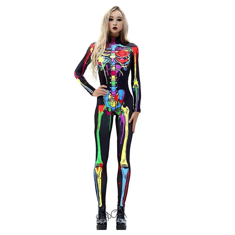 Kids' Skeleton Theme Sleeve Stretchy Fitted Full Color Halloween Costume - 01 / L